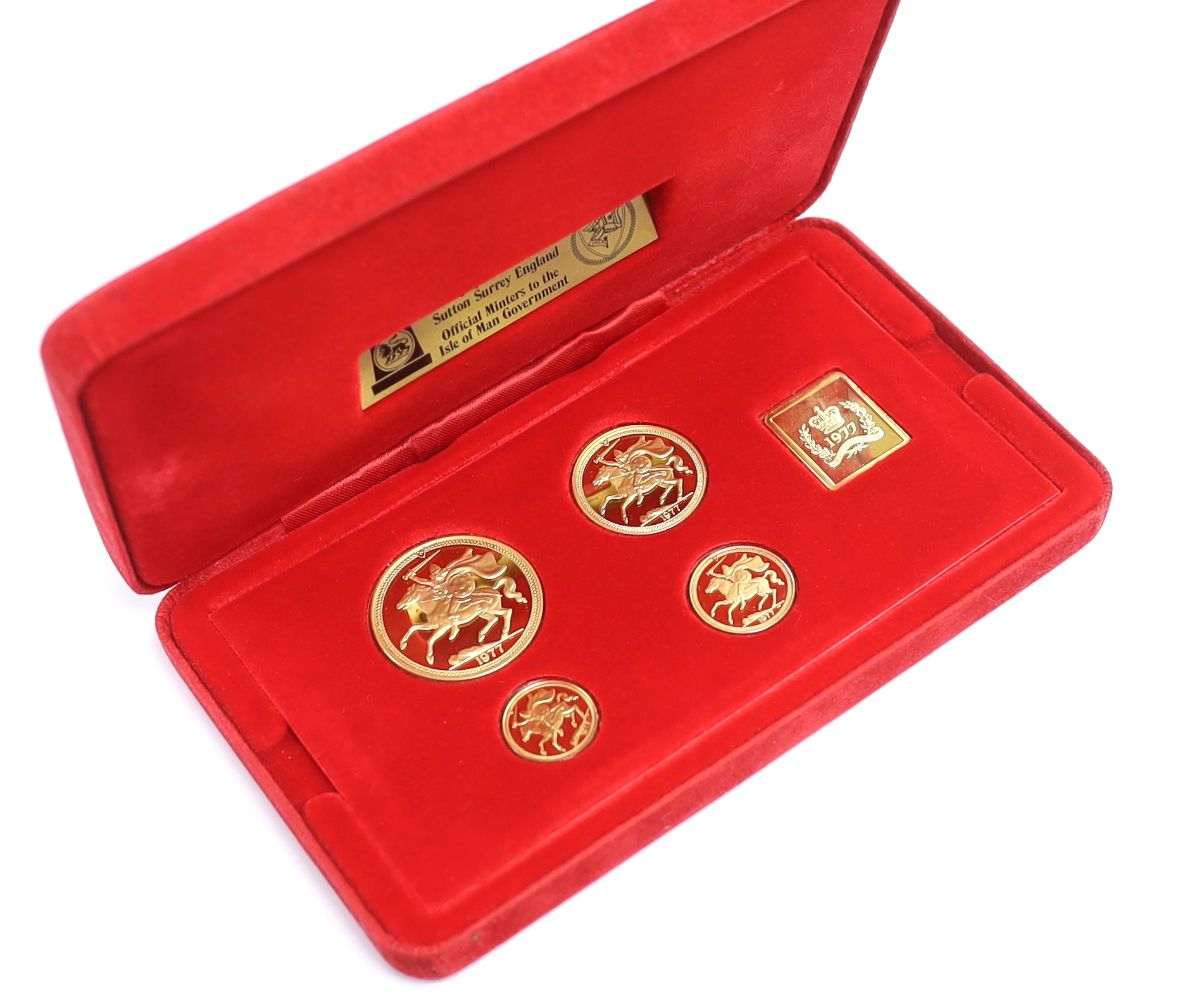 Gold coins - Isle of Man proof gold coin set, comprising half sovereign, sovereign, £2 and £5 coins, limited edition 1,250, in case of issue